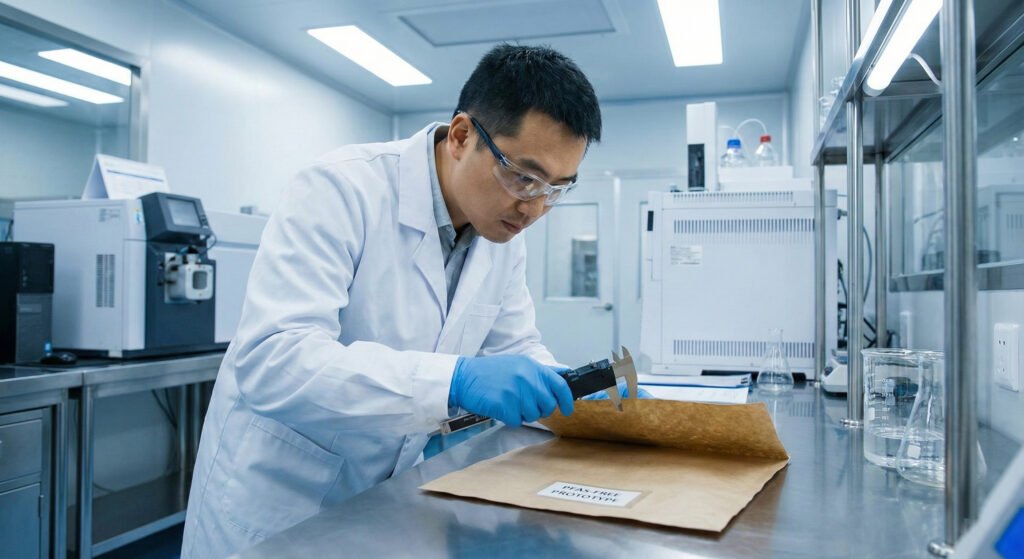 Technician testing PFAS-free paper food packaging for grease resistance in a lab