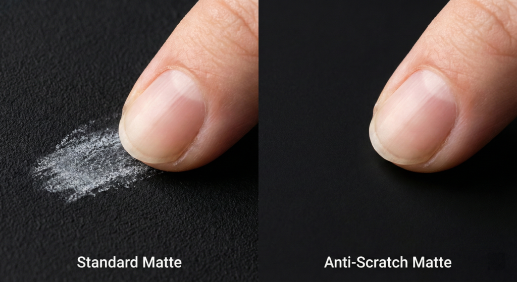 Anti-scratch matte lamination durability test showing resistance to scuff marks.