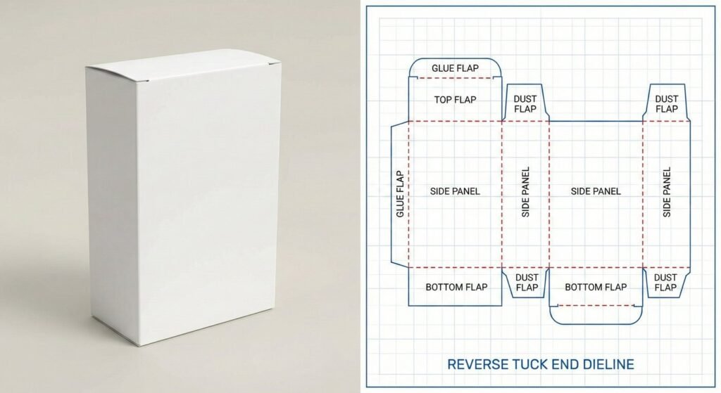 Reverse tuck end box structure and flat dieline blueprint.