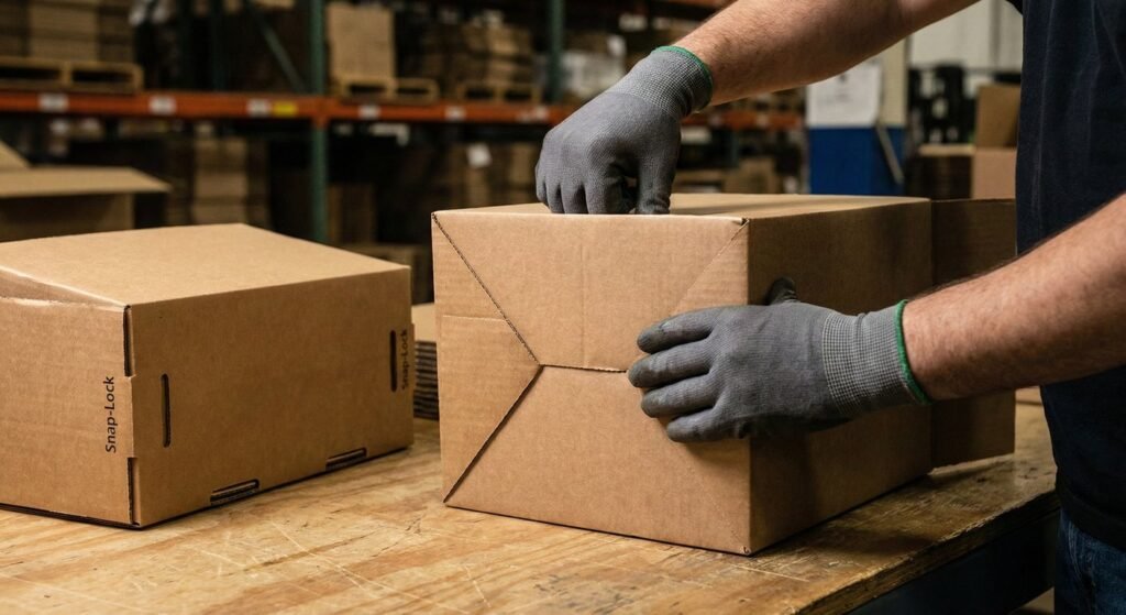 Assembling auto-lock bottom types of packaging boxes for fast fulfillment.