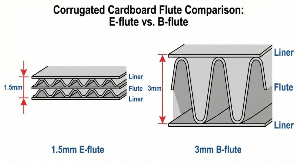Technical diagram of corrugated flute types structure and thickness.