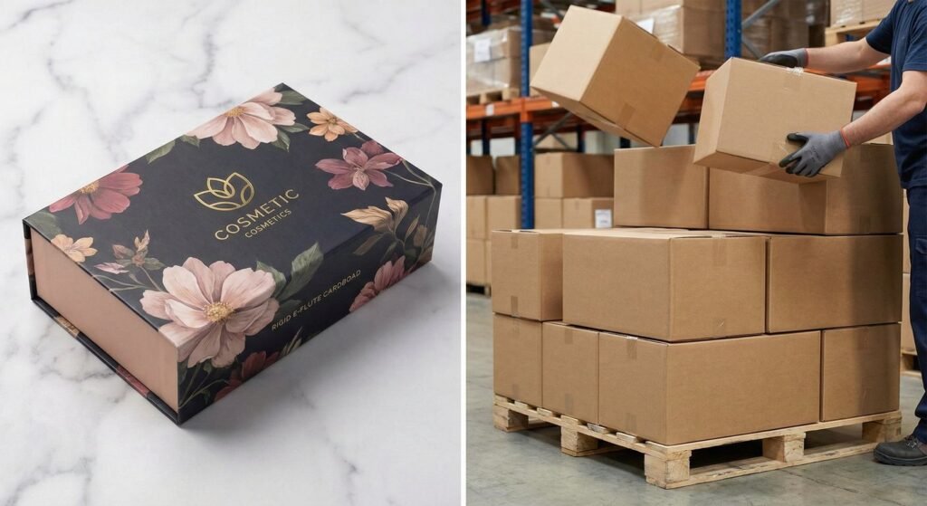 Application examples of corrugated flute types in retail vs shipping.