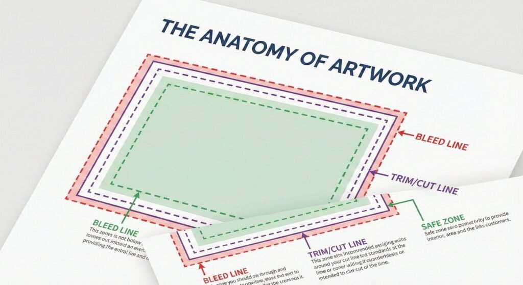 Diagram explaining the difference between cut line, safe zone, and Dieline and Bleed.