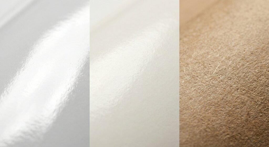 Texture close up of Art Paper vs Ivory Board vs Kraft Paper.