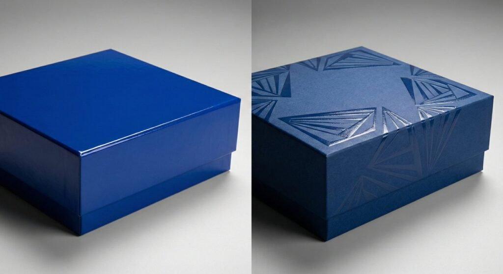 Comparison of standard gloss printing versus premium Spot UV coating effects.