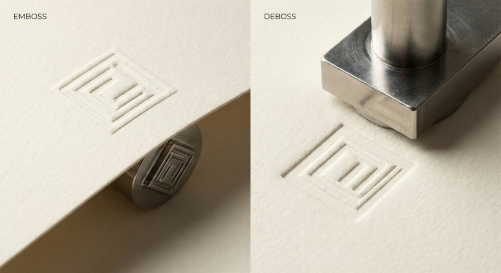 Diagram showing how embossing vs debossing dies reshape paper fibers.