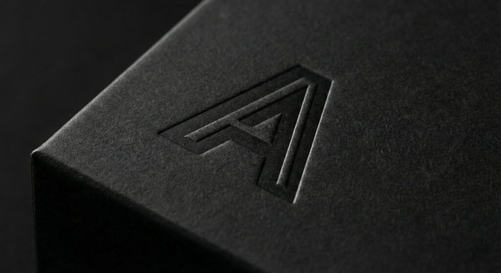 Close up of blind debossing on a custom rigid box showing texture depth.