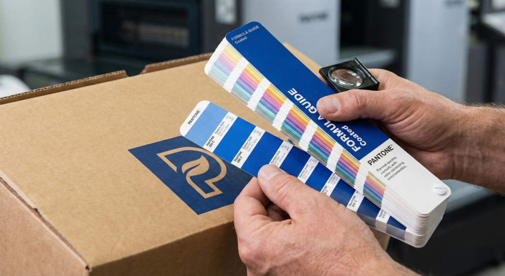 Quality control engineer checking Pantone accuracy to resolve CMYK vs RGB for printing issues.