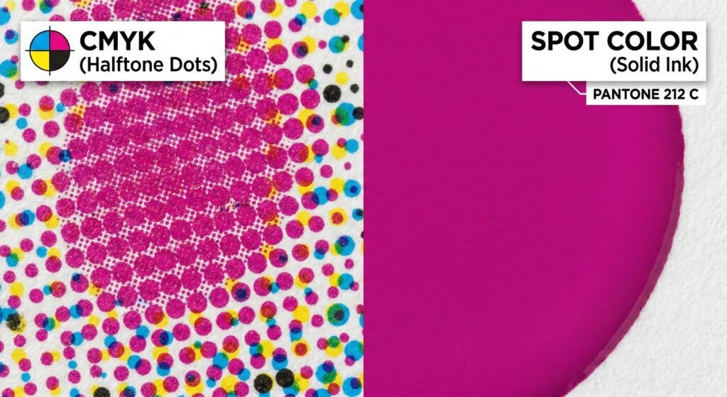 Microscopic comparison of CMYK halftone dots versus solid spot color printing ink.