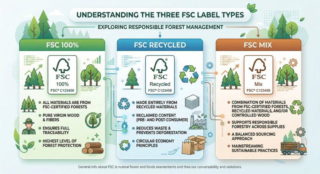 1. Diagram explaining the three main labels used in FSC certified packaging.
2. 