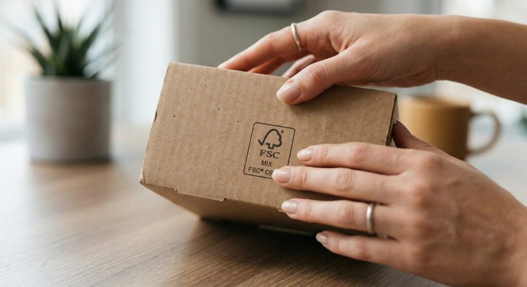 Consumer unboxing a product that uses sustainable FSC certified packaging.