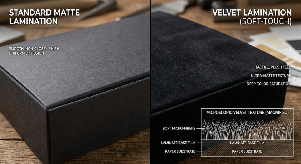 Microscopic comparison of standard matte versus soft touch lamination film texture.