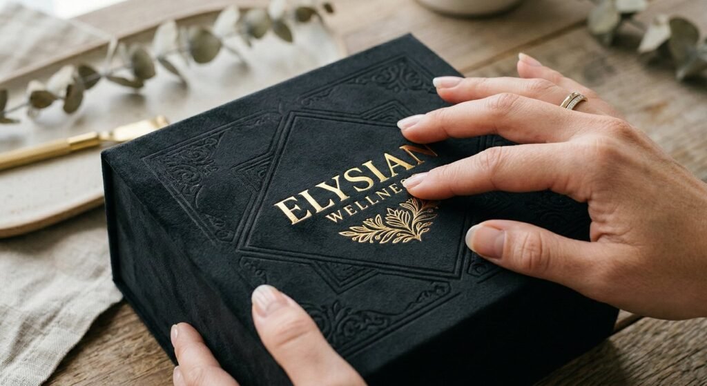 Hands interacting with custom packaging finished with velvet soft touch coating and gold foil.