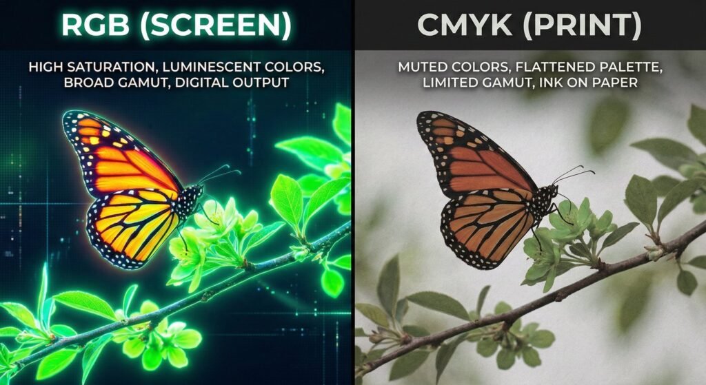 RGB vs CMYK color conversion in packaging prepress file setup.