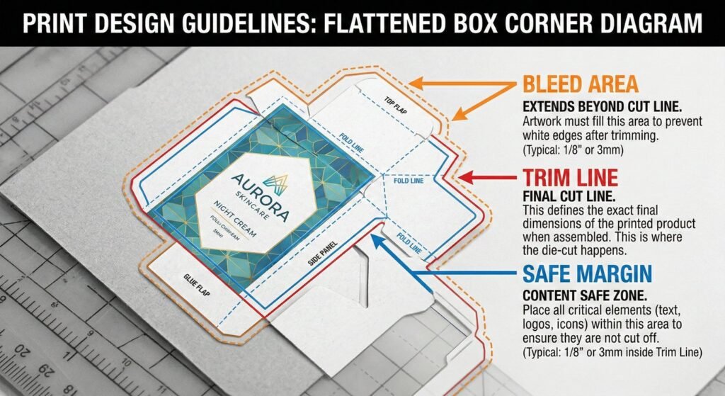 1. Packaging prepress checklist guide showing bleed, trim, and safe zones.