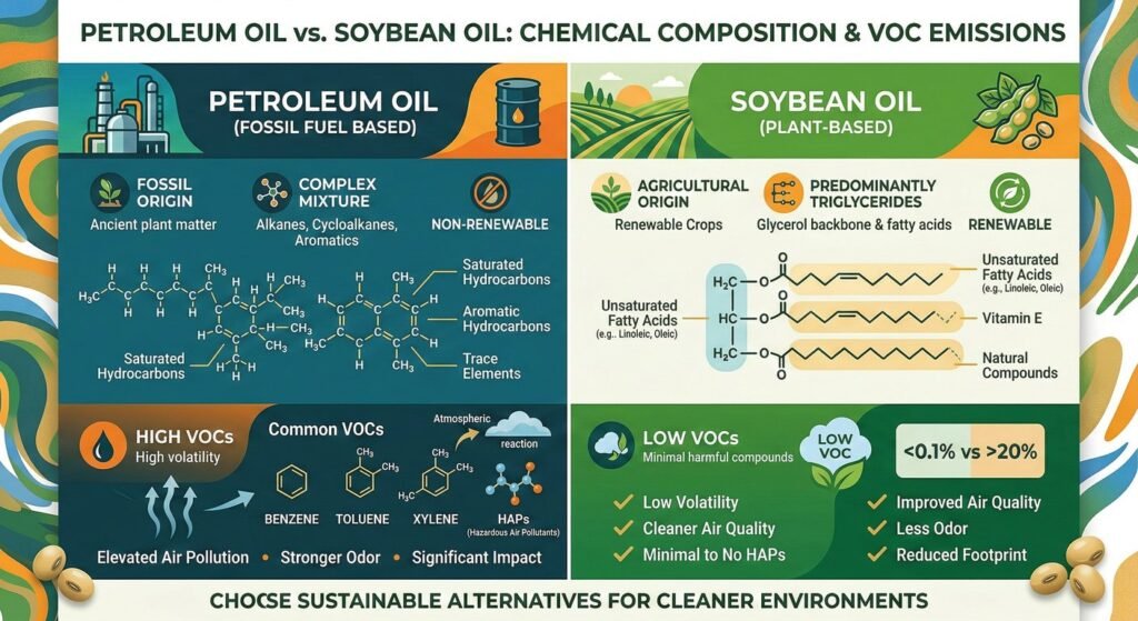 Chemical and environmental comparison between traditional petroleum ink and soy ink.