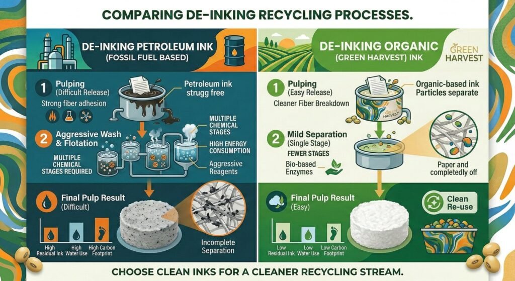 Recycling de-inking process for sustainable packaging inks.