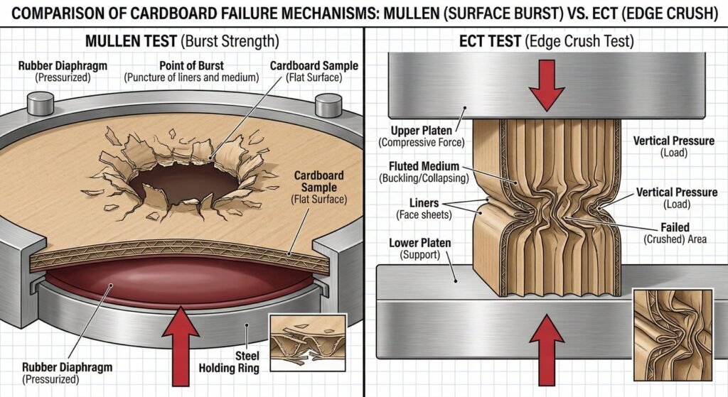 Technical diagram showing Edge Crush Test vs Burst Strength Test mechanics.