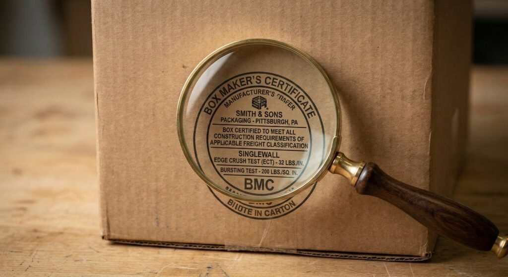 Box Maker Certificate stamp highlighting ECT vs Burst Test ratings.