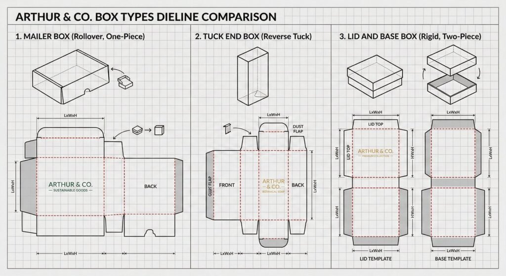 Technical dielines of different e-commerce packaging box types.