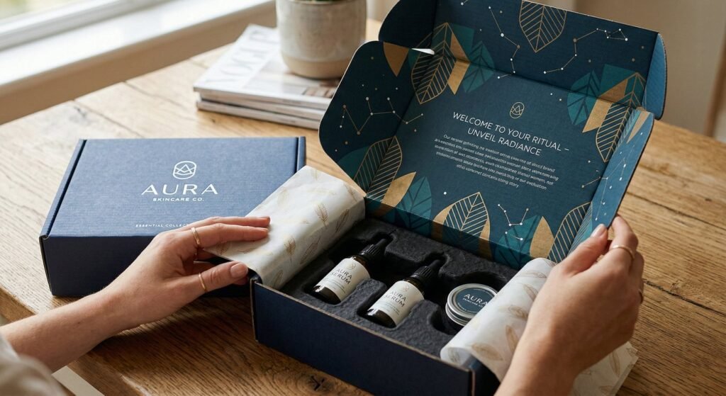 Custom mailer box unboxing experience for e-commerce.