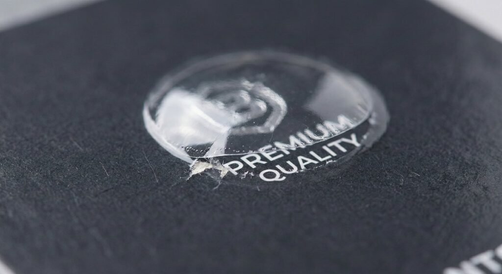 Close-up of lamination bubbling on printed paperboard.