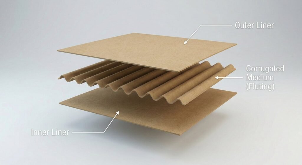 1. 3D anatomy diagram of corrugated board structure layers.