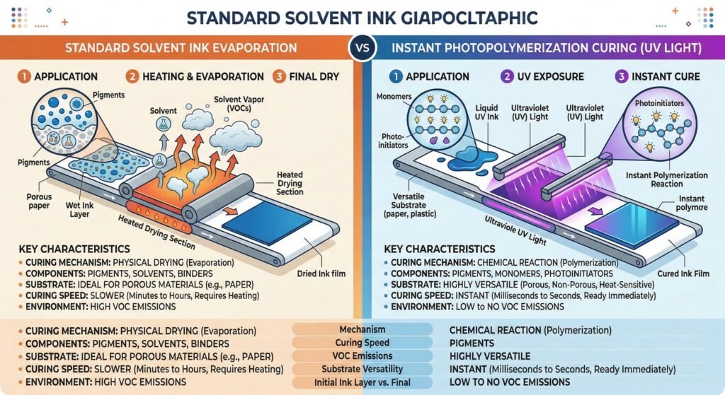 Diagram explaining the science of how UV printing ink cures instantly.
