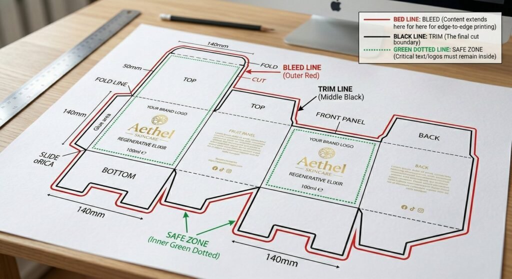 Diagram explaining bleed, trim, and safe zone in packaging printing.