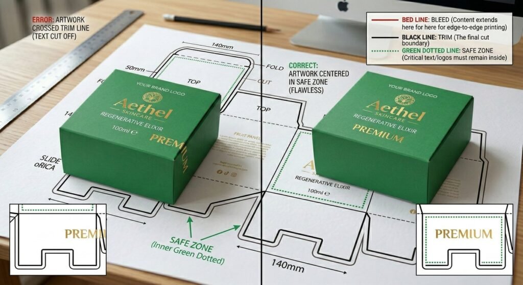 Comparison showing printed packaging with and without a proper print safe margin.