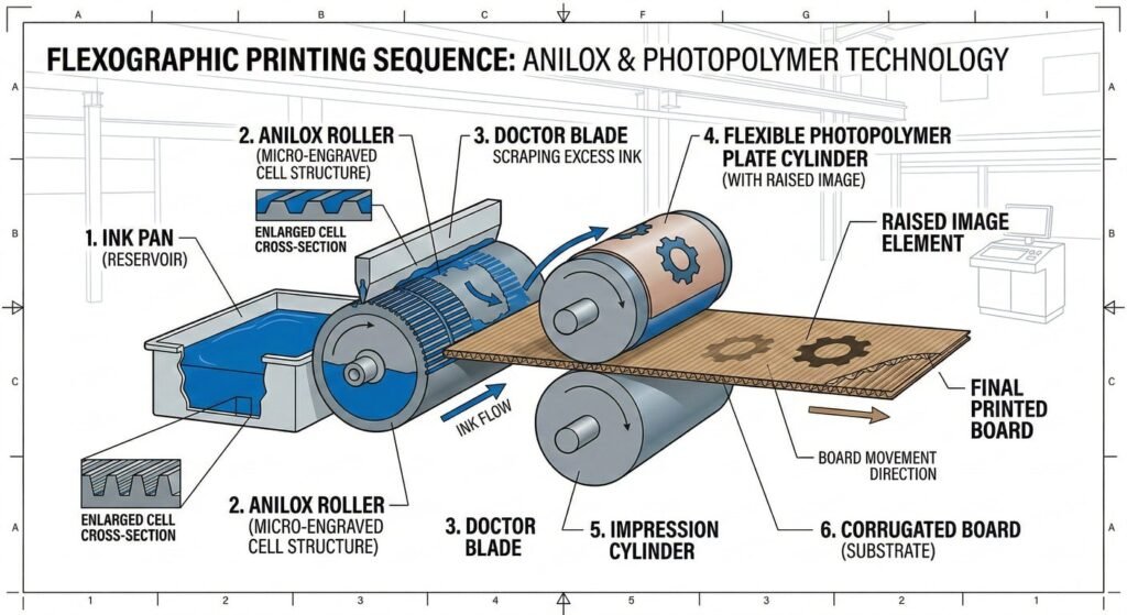 Diagram showing the mechanics of flexo printing for corrugated boxes.