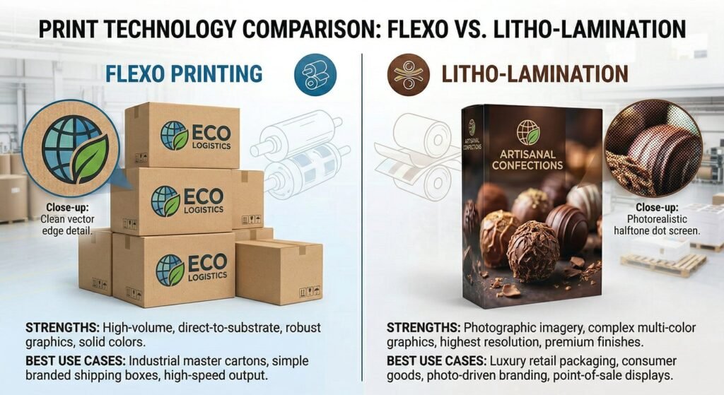 Comparing litho-lamination and flexo printing for corrugated boxes.