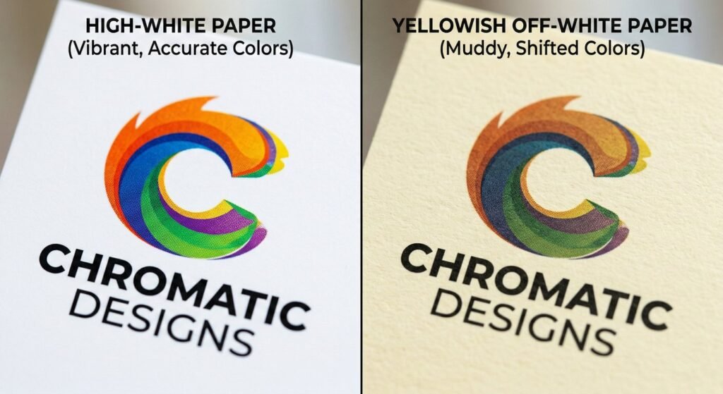 Visual comparison of paper whiteness affecting CMYK print results.