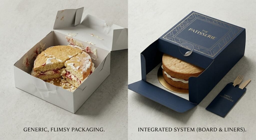 Standard cake box vs a secure complete bakery packaging solution.