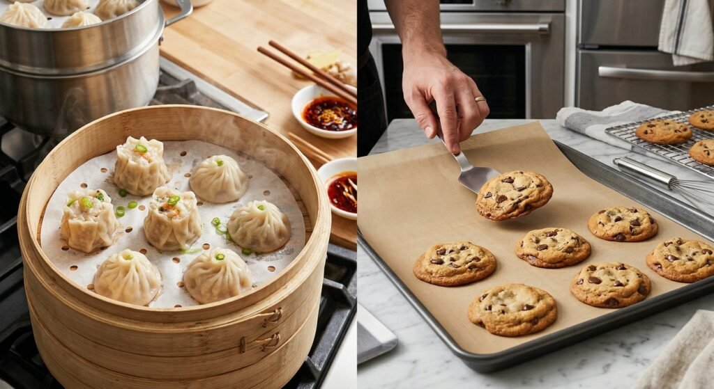 Commercial kitchen applying specific types of baking liners for steaming and baking.
