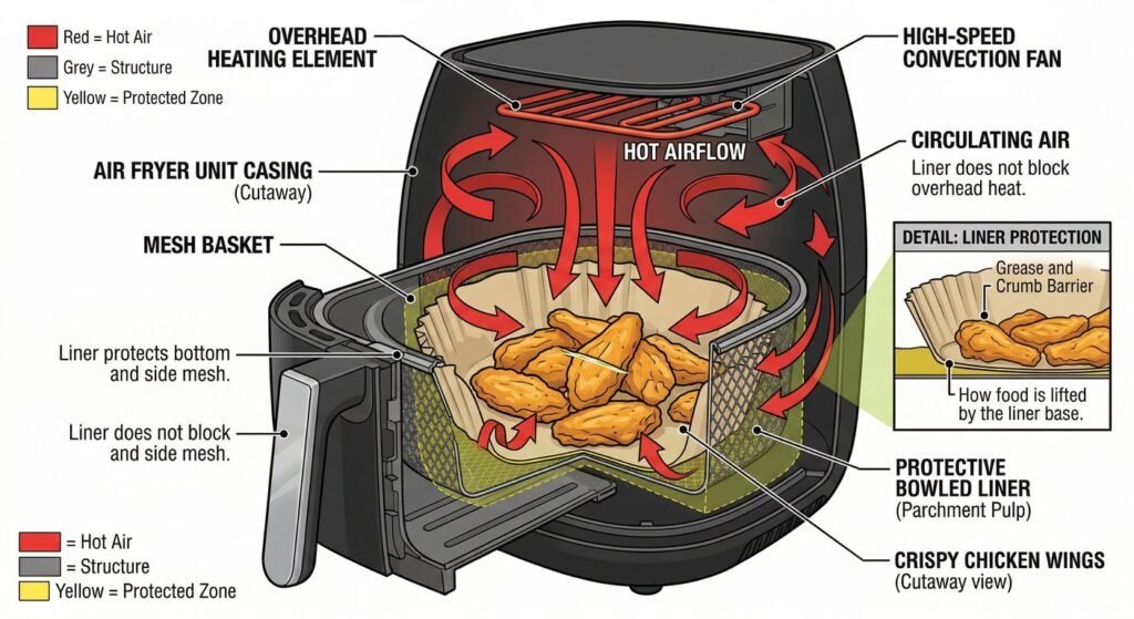 Air circulation diagram showing how air fryer disposable liners work.