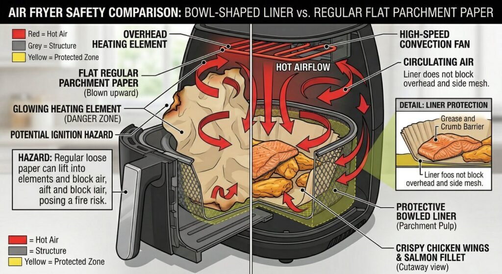 Comparison between standard parchment paper and specialized air fryer disposable liners.