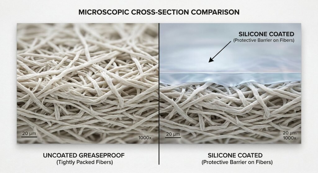 Microscopic cross section showing baking paper vs greaseproof paper coating differences