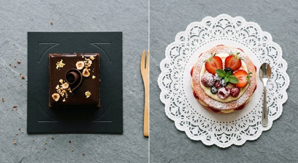 Comparison of round and square cake liners under different styles of pastries.