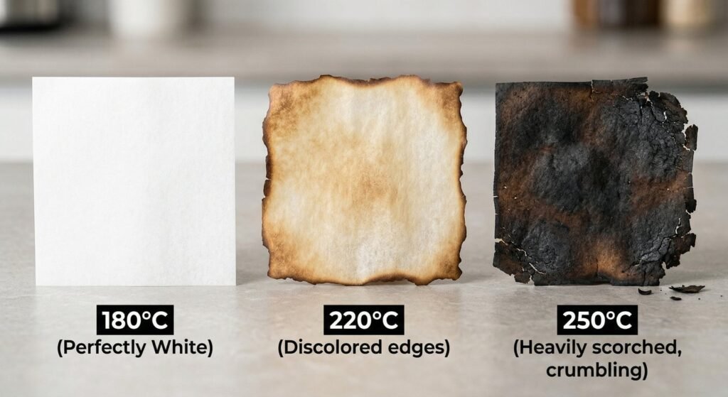 A visual comparison test showing baking paper temperature resistance at 180°C, 220°C, and 250°C.