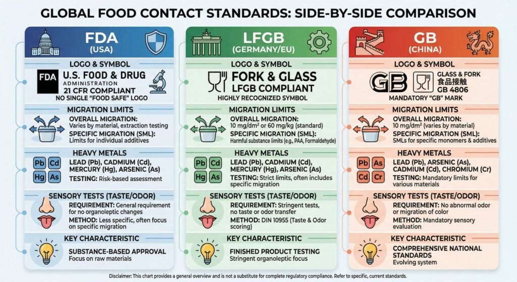 Global food grade baking paper compliance standards including FDA, LFGB, and GB.