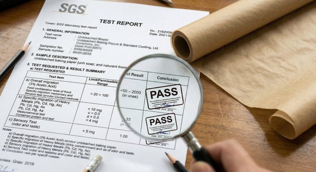 Verifying food grade baking paper test reports for commercial bakery safety.