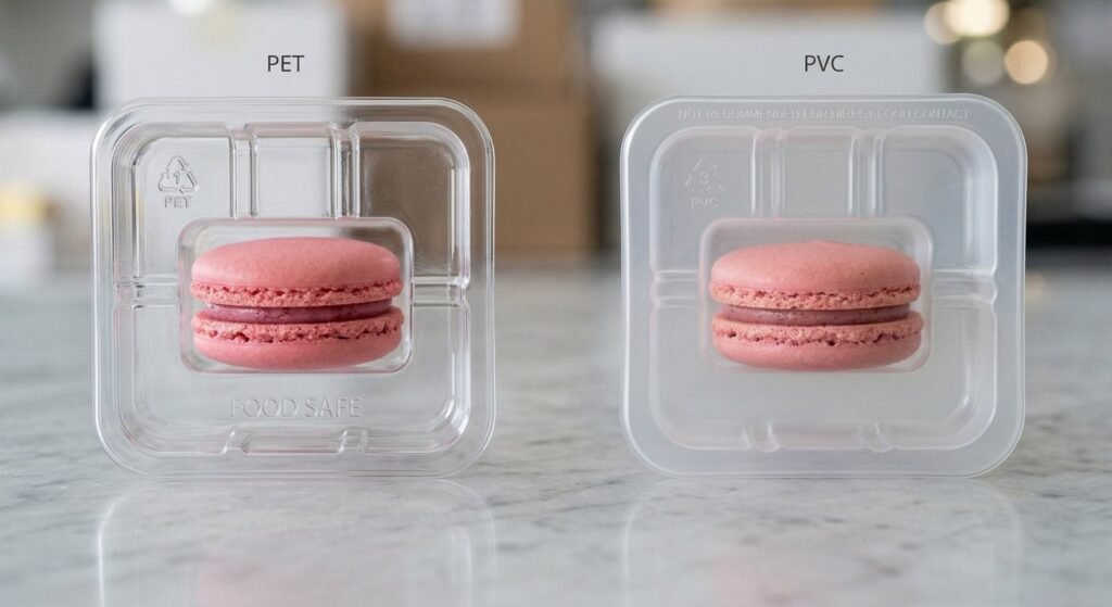 Close up of thermoformed plastic trays used for safe macaron packaging.