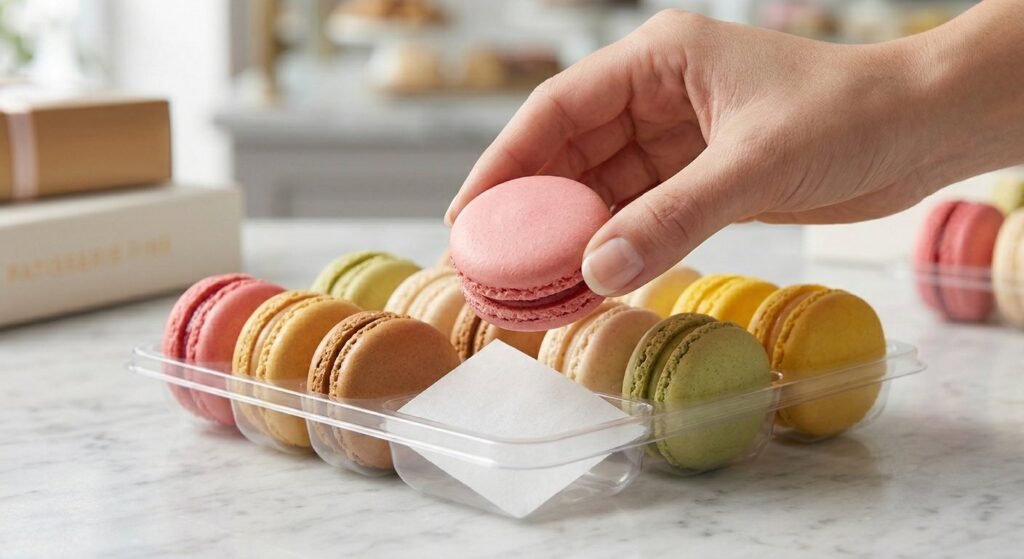 Removing a pastry from macaron packaging protected by anti-stick moisture-proof liner paper.