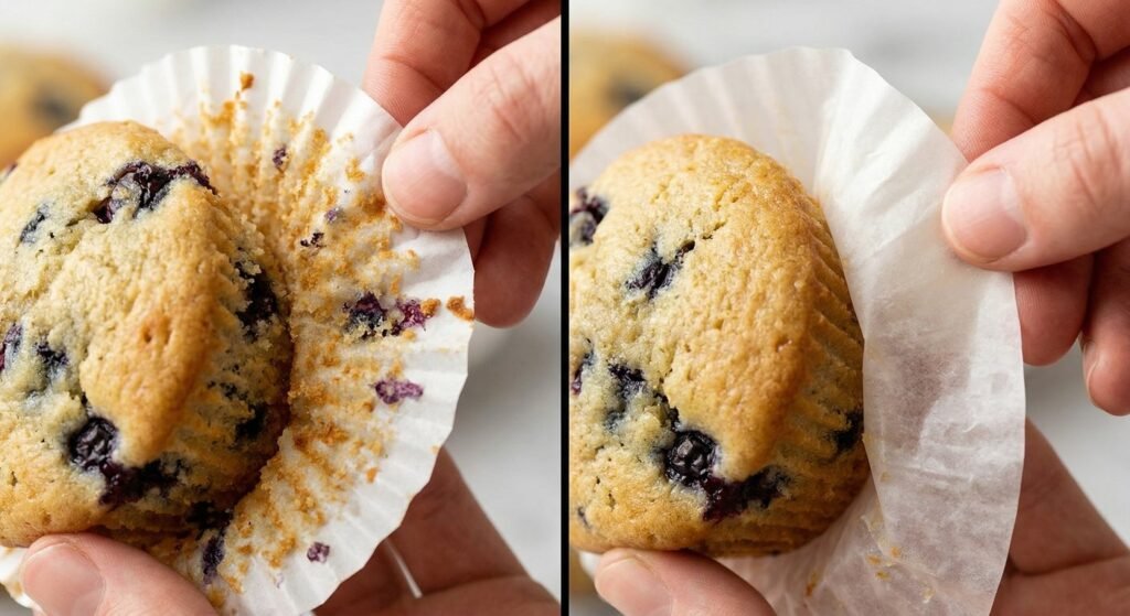 Comparison showing easy mold release of greaseproof muffin liner materials.