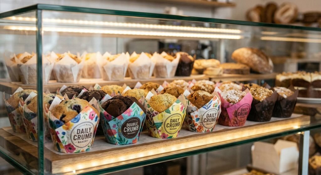 Custom printed muffin wrappers elevating bakery brand presentation.