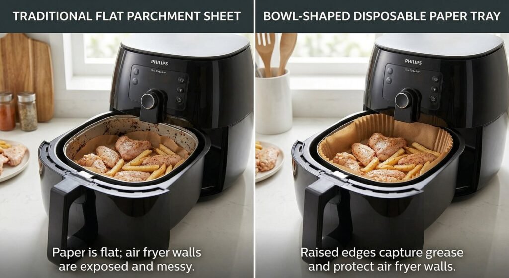 Comparison between flat baking paper and bowl-shaped air fryer disposable liners.
