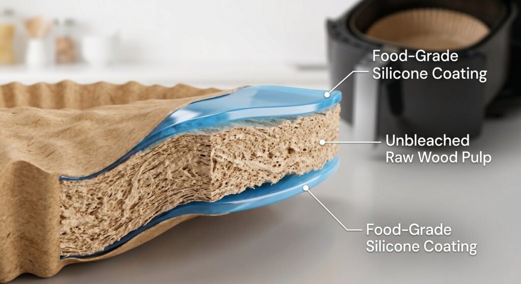 Cross section showing silicone coating on air fryer paper