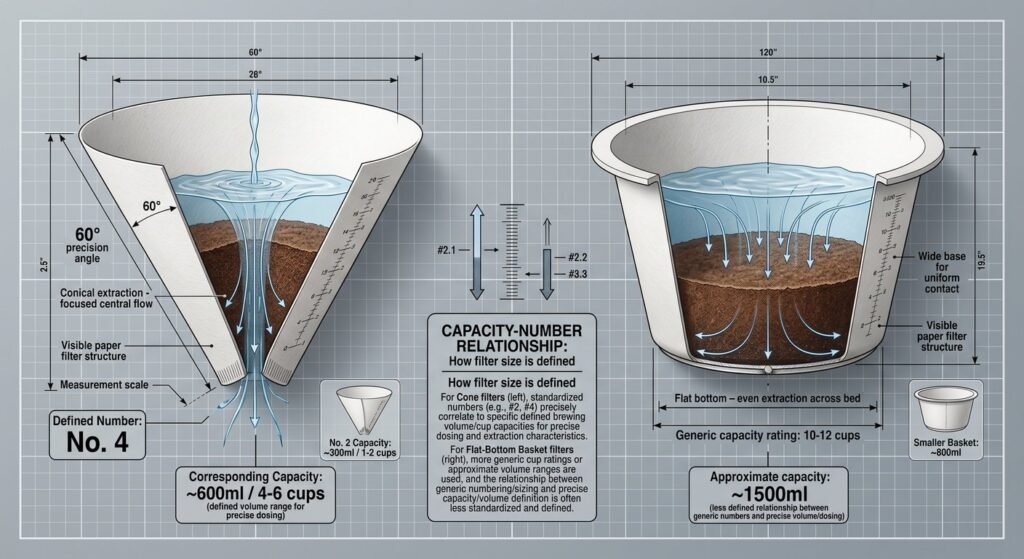 Technical diagram of coffee filter angles and capacity numbering.