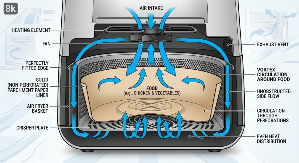 Proper fit according to an air fryer liner size chart ensures safe and even hot airflow.